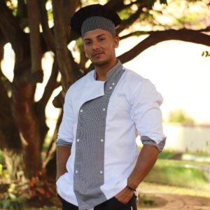 Chaqueta de chef combinada en tela 100% algodón y antifluido estampado